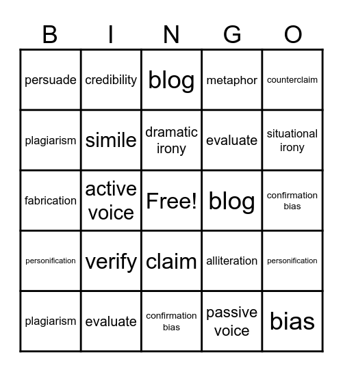 Research Vocabulary Bingo Card