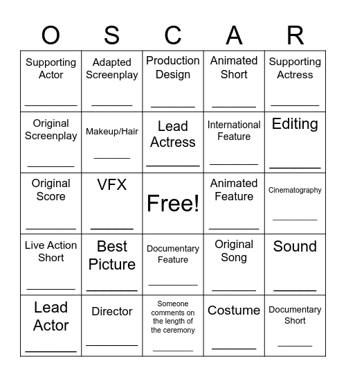 OSCAR night 2024 Bingo Card