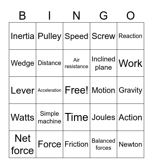 Force & Motion Bingo Card