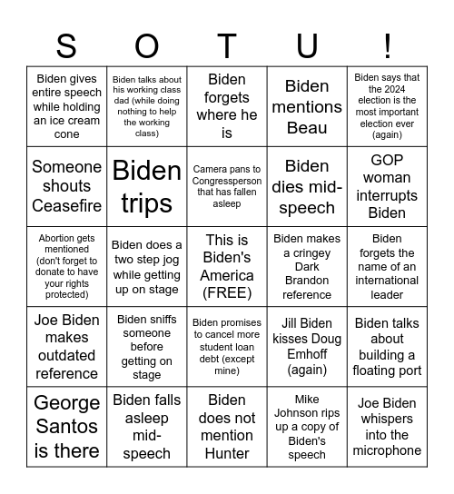 State of the Union Bingo Card