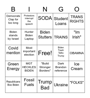 State of The Union Bingo Card