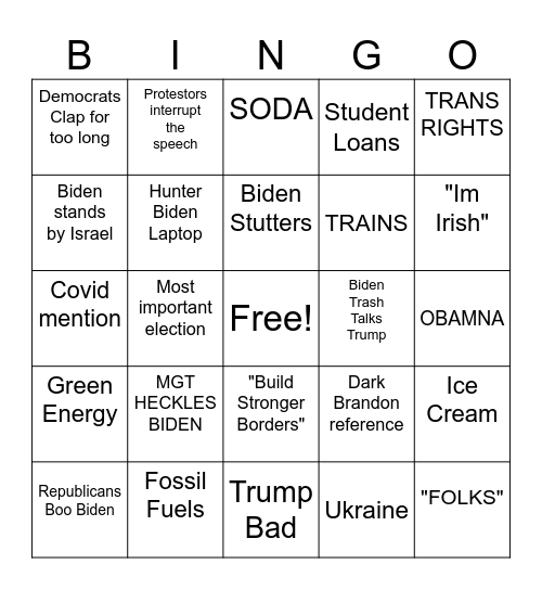 State of The Union Bingo Card