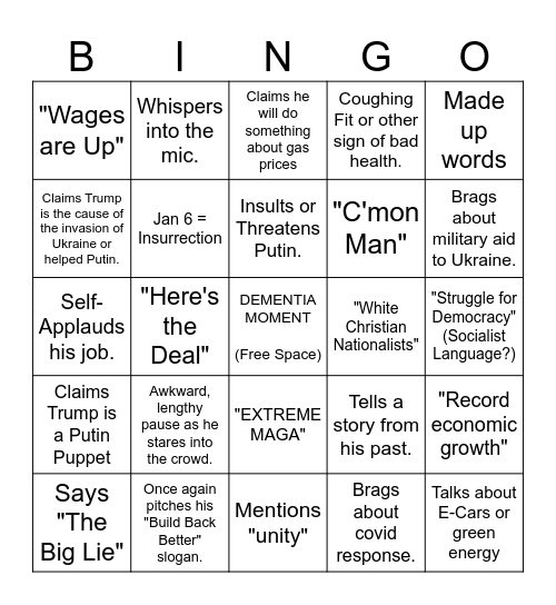 State of the Union Bingo Card