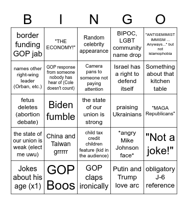 SOTU Bingo 2024 Bingo Card