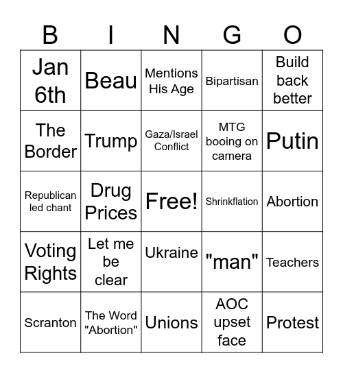 State of the Union 2024 Bingo Card