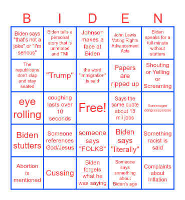 State of the Union 2024 Bingo Card
