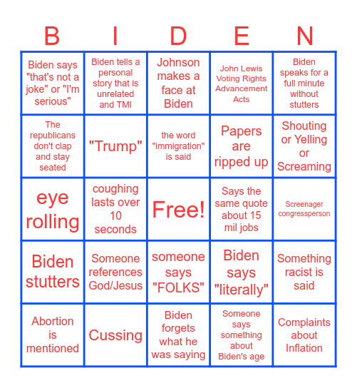 State of the Union 2024 Bingo Card