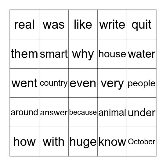 Sightword Bingo Card