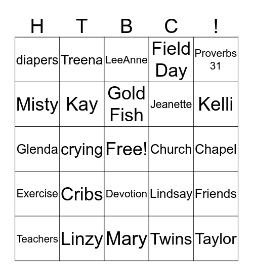 Parent's Day Out Bingo Card