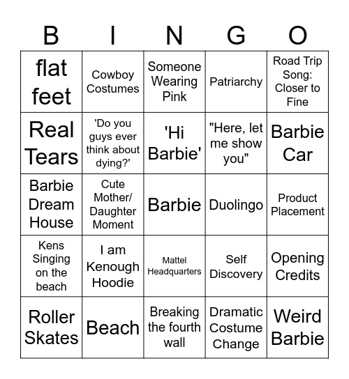 Barbie Movie Bingo Card