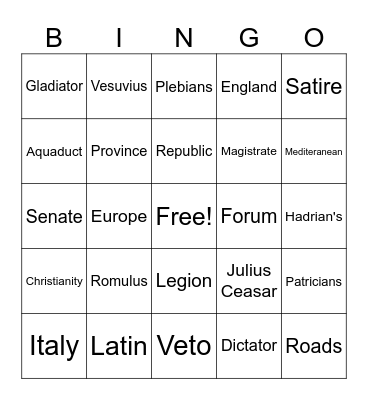 Rome Vocabulary Bingo Card