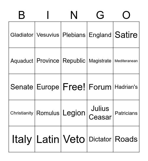 Rome Vocabulary Bingo Card