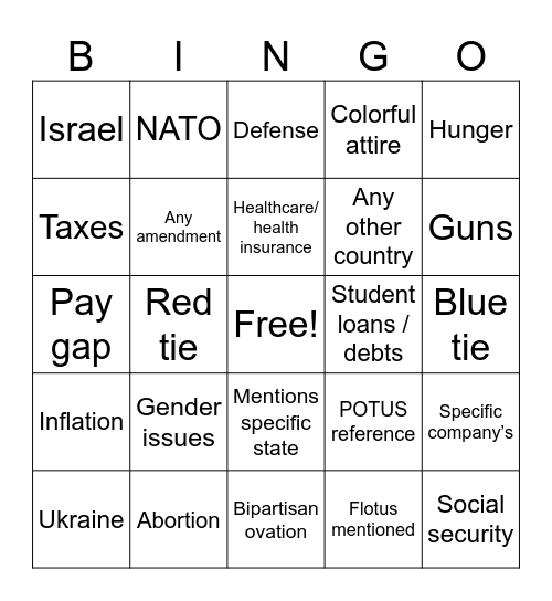 state of union Bingo Card