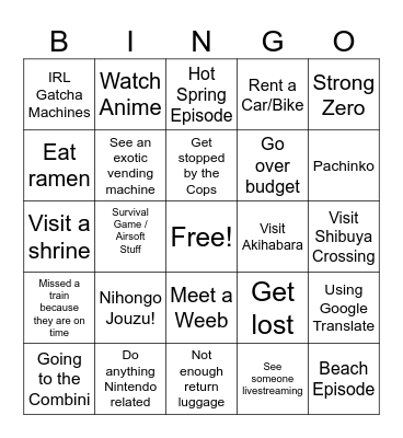 Jedd's Japan Trip Bingo Card
