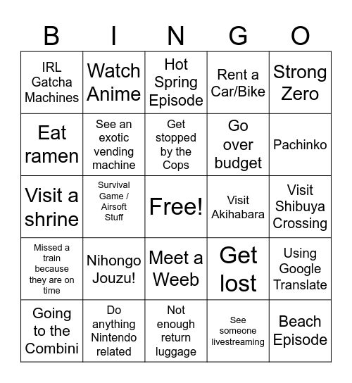 Jedd's Japan Trip Bingo Card