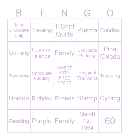 Susan's Sweet 60th Bingo Card