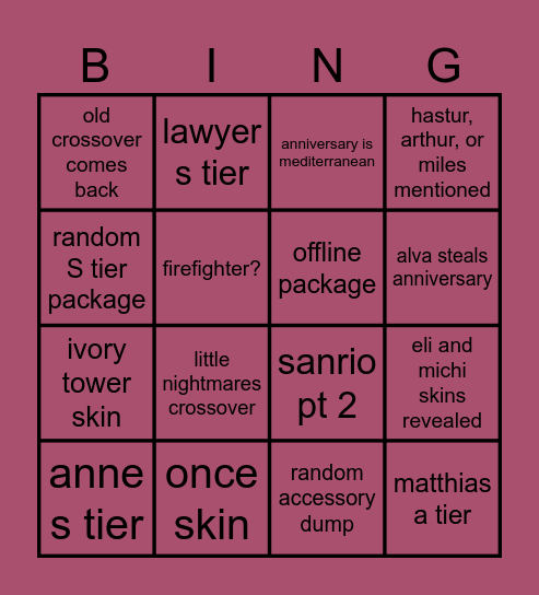 next stream Bingo Card