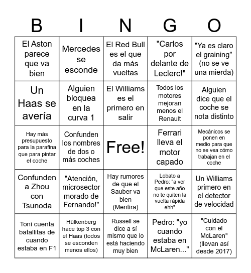 Bingo F1 Yeda Bingo Card