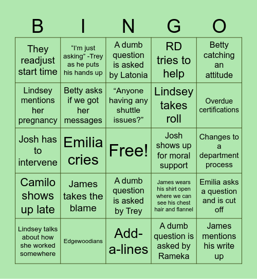 10pm Friday Meeting Bingo Card