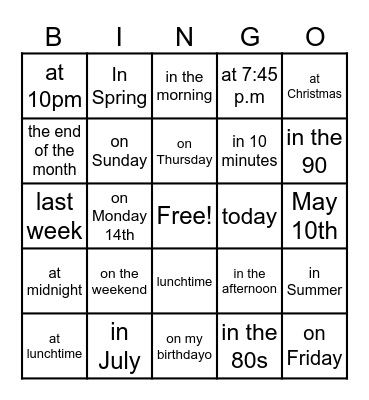 Prepositions of Time Bingo Card