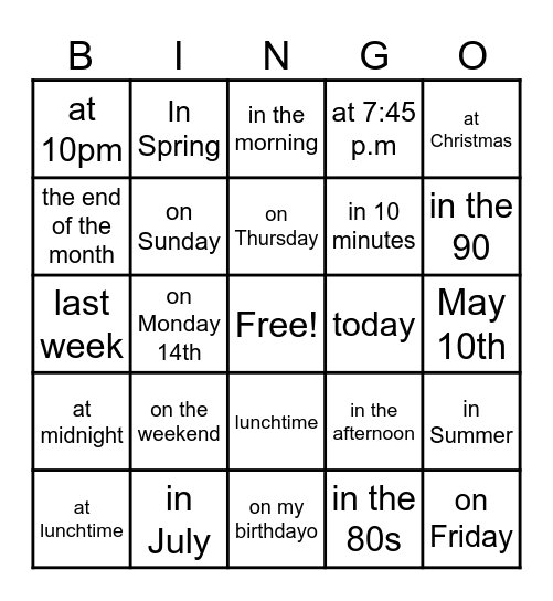 Prepositions of Time Bingo Card