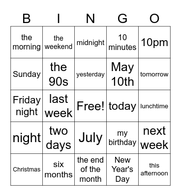 Prepositions of Time Bingo Card