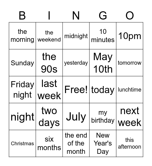 Prepositions of Time Bingo Card