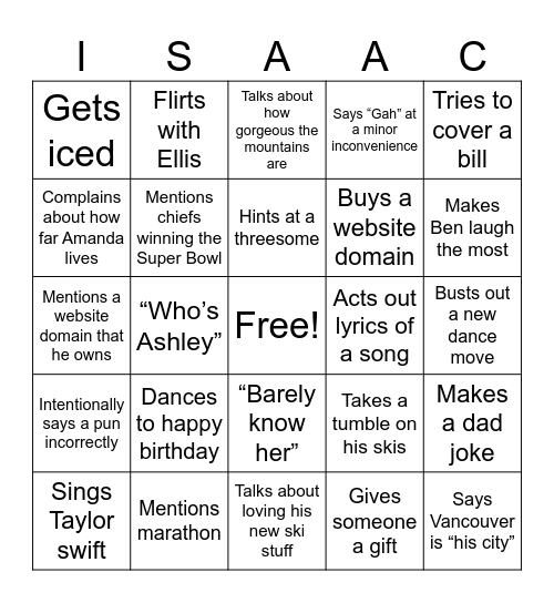 Isaac's Birthday Bingo Card