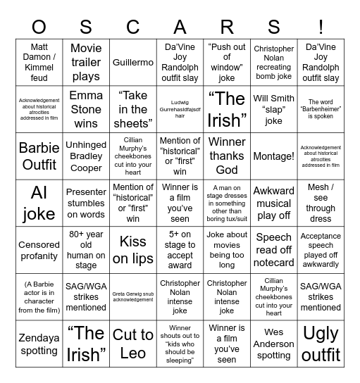 2024 Academy Awards Bingo Card