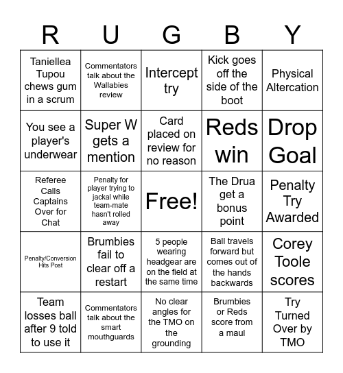 Rugby BS Bingo Card