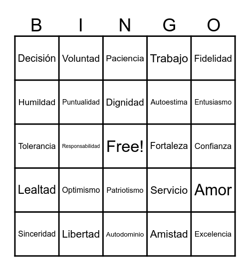 Bingo de valores Bingo Card