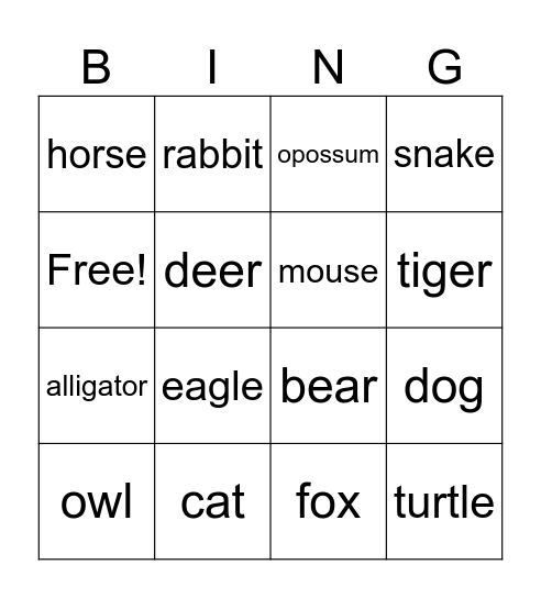 Animals Bingo Card