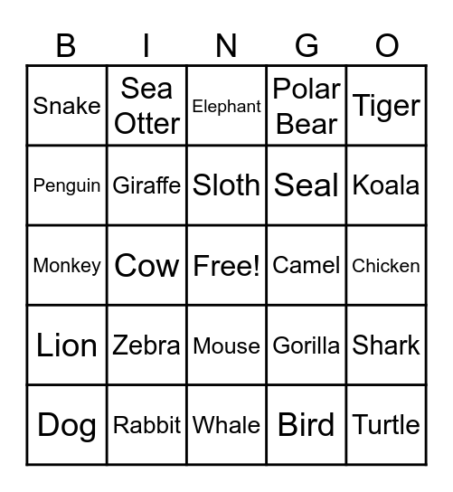 Animals Bingo Card