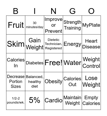 Exercise, Nutrition, & Weight Loss Bingo Card