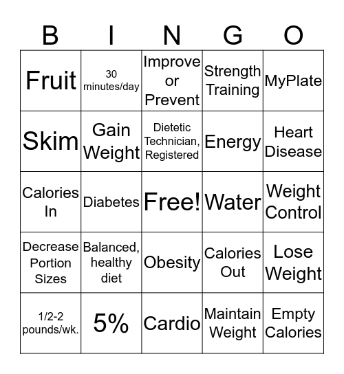 Exercise, Nutrition, & Weight Loss Bingo Card