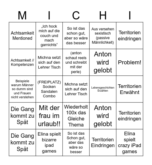 Michna bingo Card
