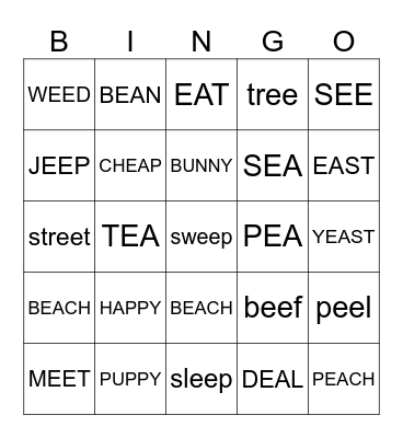 ee , ea , -y Bingo Card