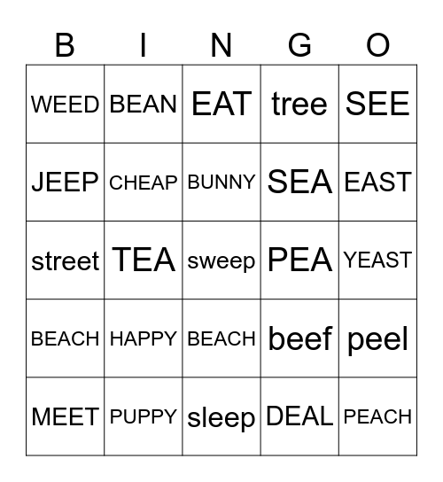 ee , ea , -y Bingo Card
