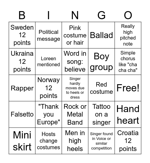 Euroviisut 2024 Bingo Card