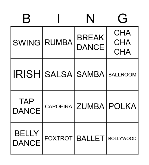 dance bingo Card