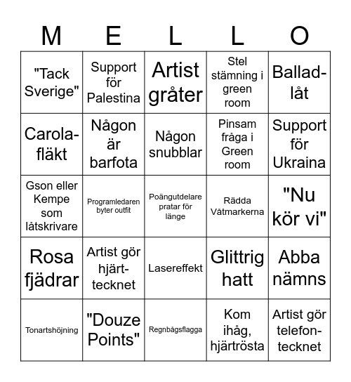 Melodifestivalen 2024 Bingo Card