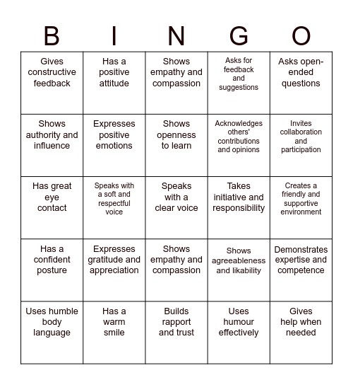 Power and Attractiveness Bingo Card