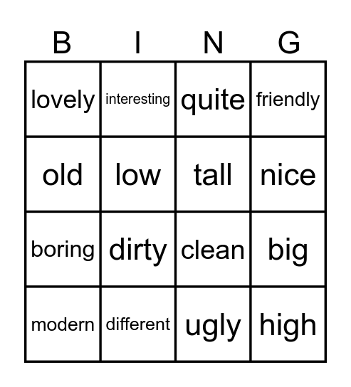 Adjectives Bingo Card