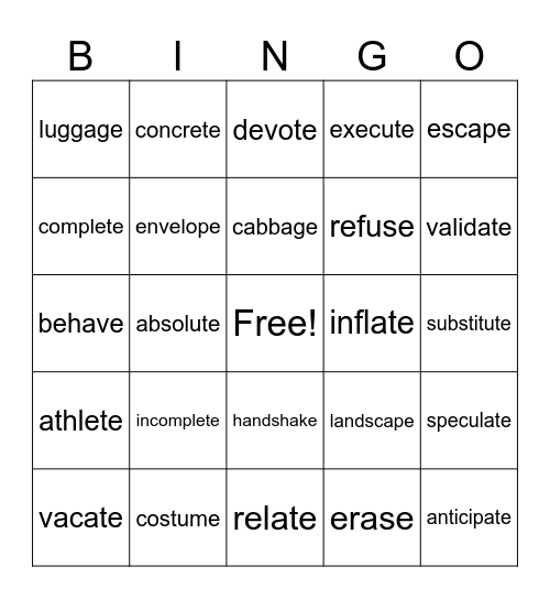 Silent E Bingo Card
