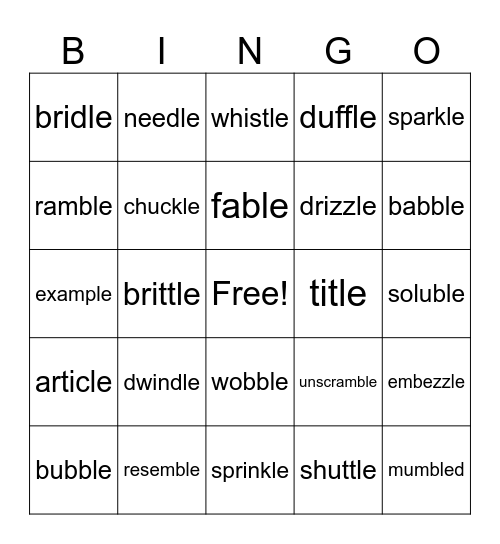 Consonant -le Bingo Card