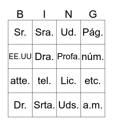 Abreviaturas Bingo Card