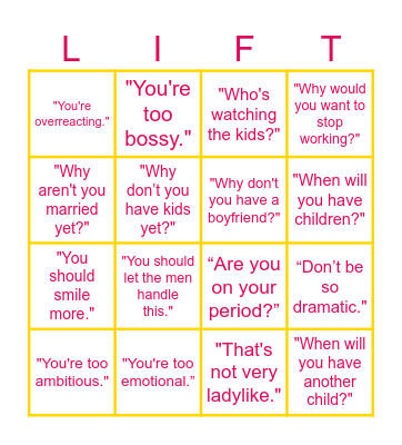 LIFT Raffle: Women's Cringe Bingo Card