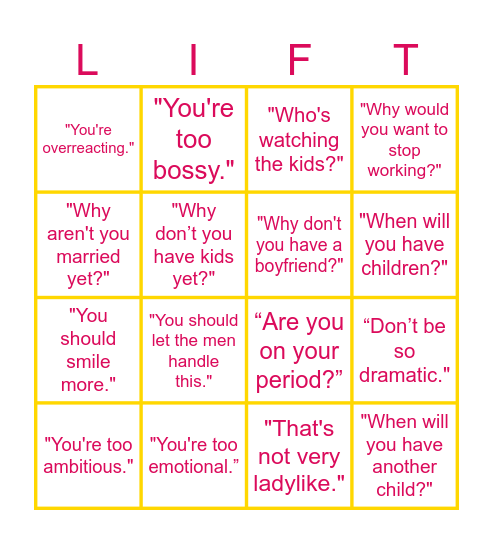 LIFT Raffle: Women's Cringe Bingo Card