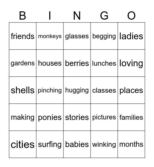 s, es, ies & ing suffix Bingo Card