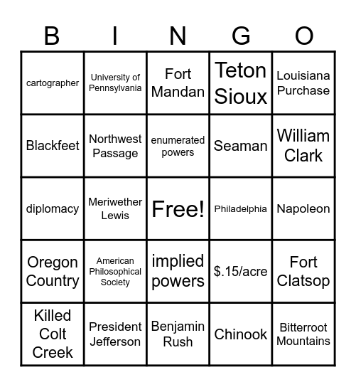 The Corps of Discovery Bingo Card